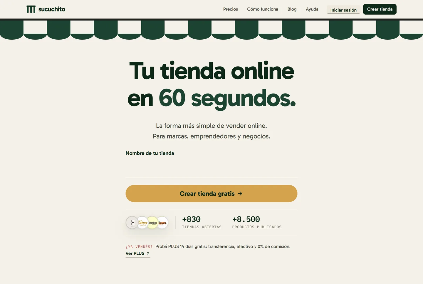 La plataforma de Sucuchito: cargás el nombre de tu tienda y la creás gratis