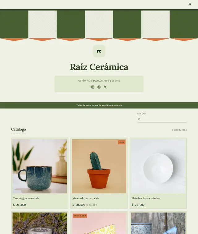 La tienda de muestra Raíz Cerámica: su toldo, su nombre, sus redes y su catálogo